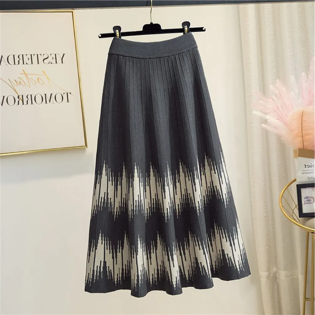 

High-Waisted Elegant Knitted A-Line Skirt Korean Style Pure Color Simple Sweater Skirt for Autumn