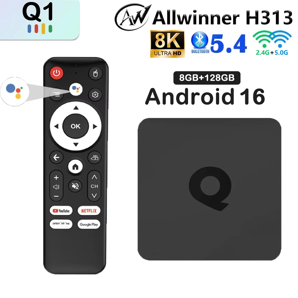 Android16 Smart TV Box Q1 Allwinner H313 Supports 2.4G&amp;5G Dual Wifi 8K 64G 128G Rom Google Media Player TV Box Voice Set Top Box