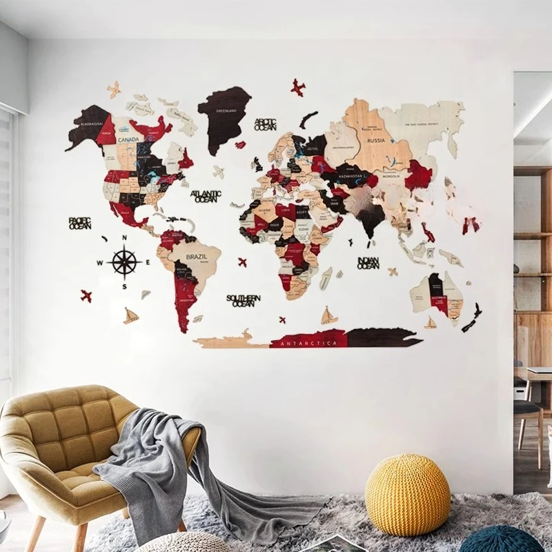 Solid wood world map wall decoration 3D three-dimensional map splicing wall hanging Nordic wall decoration simple painting view 3