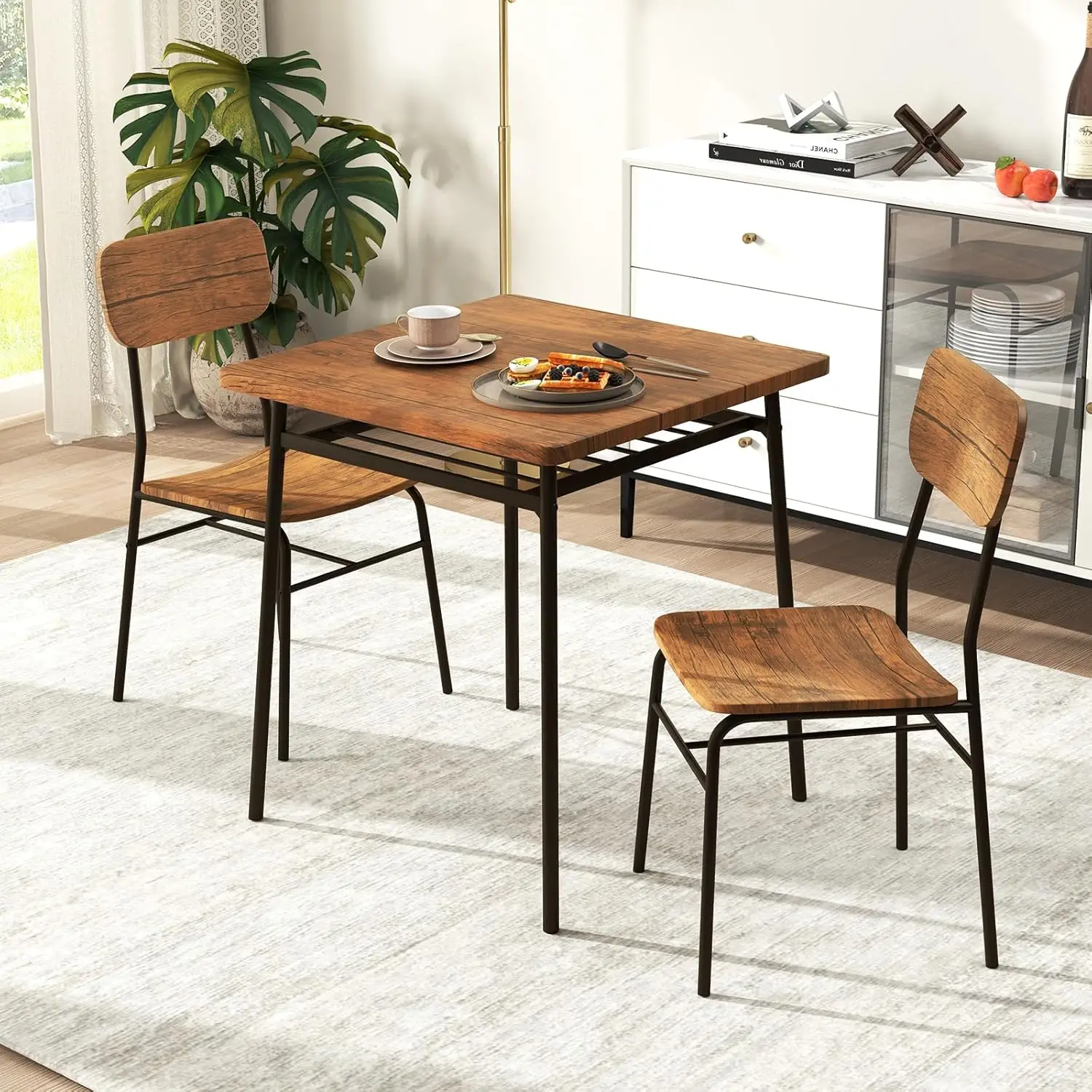 Ensemble de Table à manger carrée pour 2, Table et chaises de cuisine compactes à cadre métallique avec support de rangement intégré, dîner peu encombrant