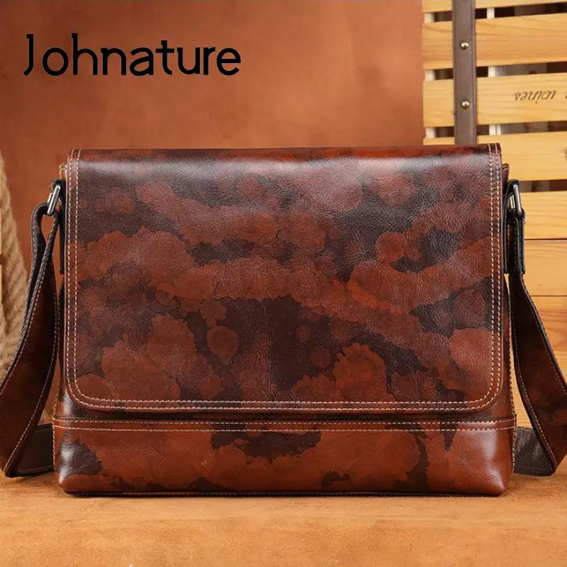 

Johnature Men Messenger Bag 2024 New Genuine Leather Vintage Solid Color Natural Soft Cowhide Shoulder & Crossbody Bags