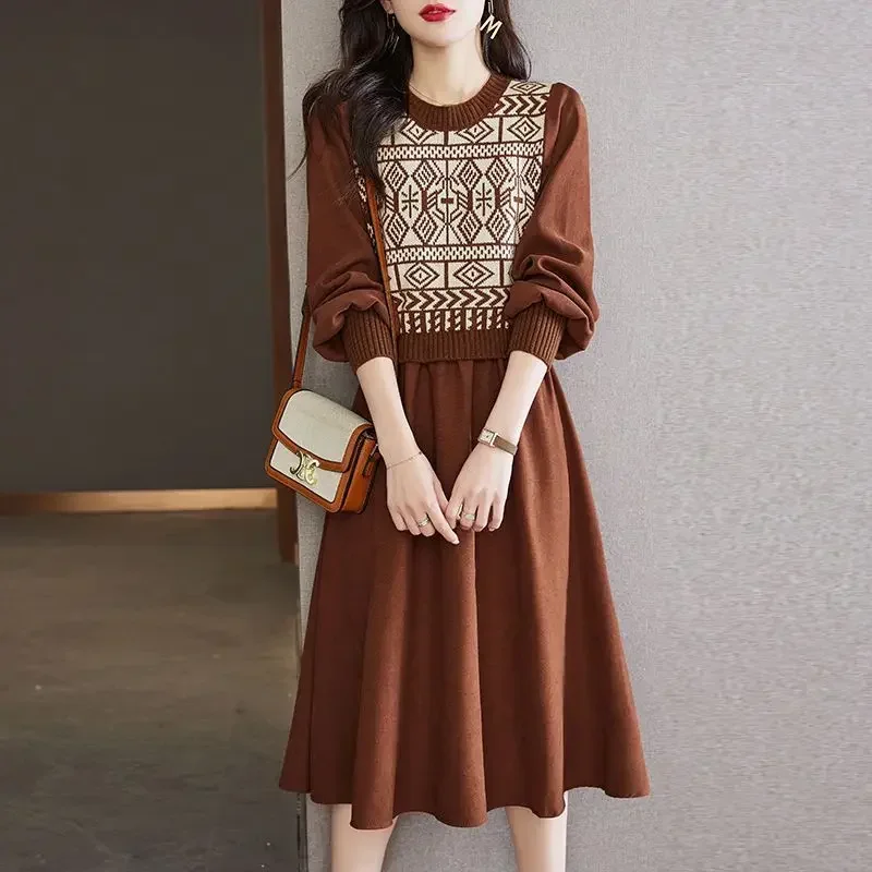 

Fashion O-Neck Knitted Spliced Fake Two Pieces Casual Dresses Women's Clothing Autumn Winter Loose Office Lady Midi Dress CY414