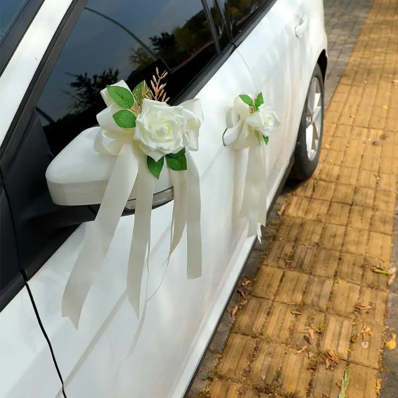 1Pcs Wedding Car Rearview Mirror Decoration Flower Retro Bow Door Handle Decoration Simulation Flower Automotive Supplies