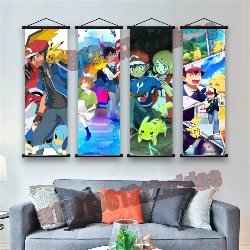 

Japanese Classic Anime Pokemon Pikachu Ash Poster Art White Canvas Decoration Painting Wall Scroll Painting Children's Gift