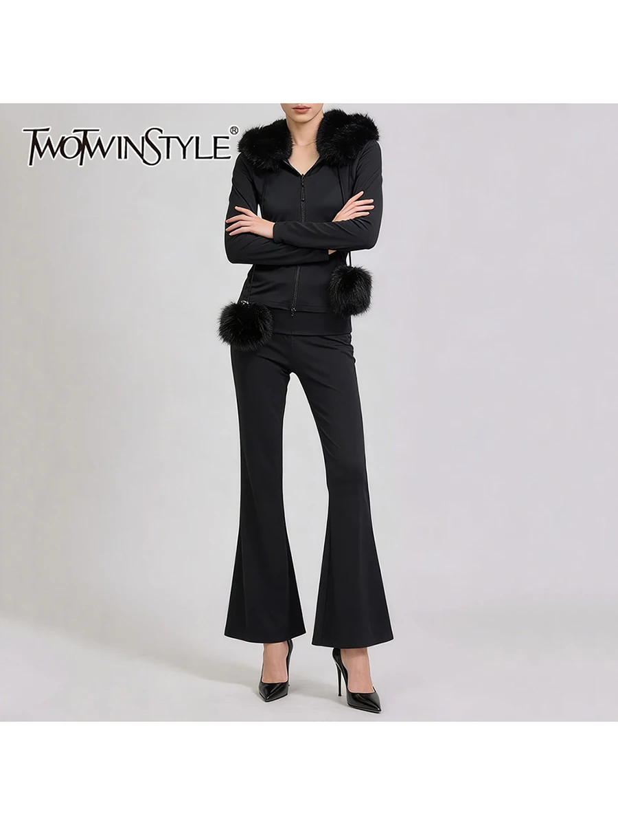 

TWOTWINSTYLE Solid Casual Two Piece Sets for Women Hooded Collar Long Sleeves Spliced Fur Top High Waist Pant Basics Set Female