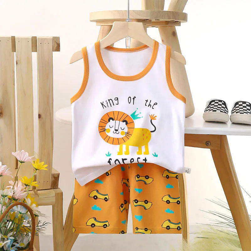 Boys Vest Set Summer Cotton New Clothes Children\'s Sleeveless Cartoon Wool Comfort Set Class A Thin Two-piece Set for 6-9months