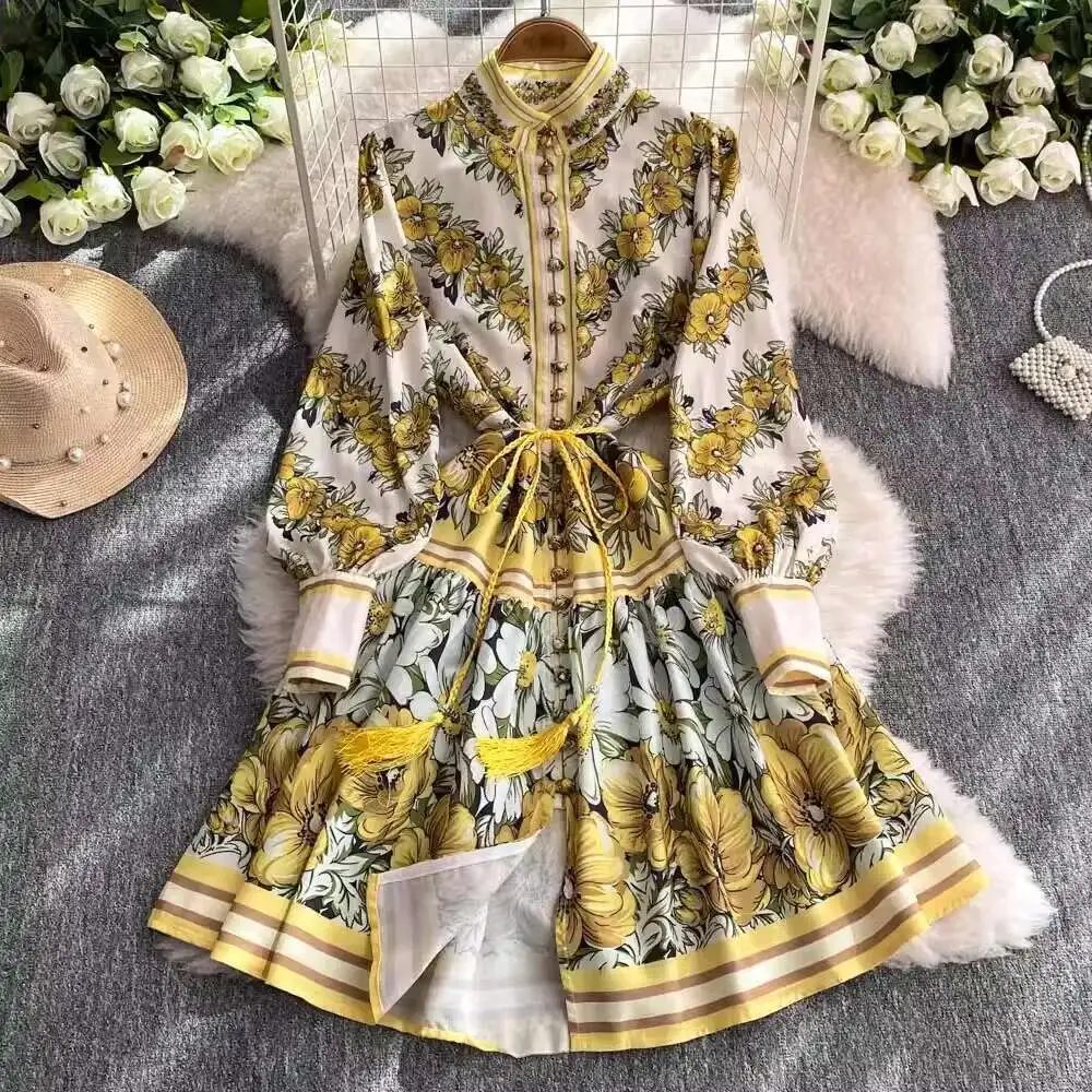 Runway Autumn Floral Linen Short Dress Women Clothing Single Breasted Long Lantern Sleeve Belt Ruffles Holiday Party Vestidos