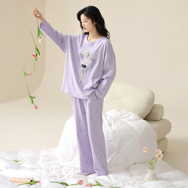 Spring and Autumn All Cotton Women's Pajamas Round Neck Pullover Chest 3D Flower Decoration Women's All Cotton Autumn Casual Set