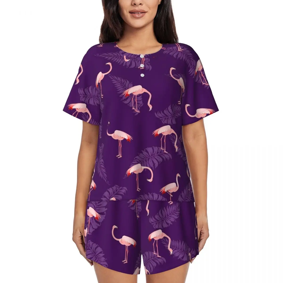 

Bird And Leaf Pajamas Women Pink Flamingo Soft Nightwear Summer Short Sleeve 2 Pieces Casual O Neck Design Pajamas Set