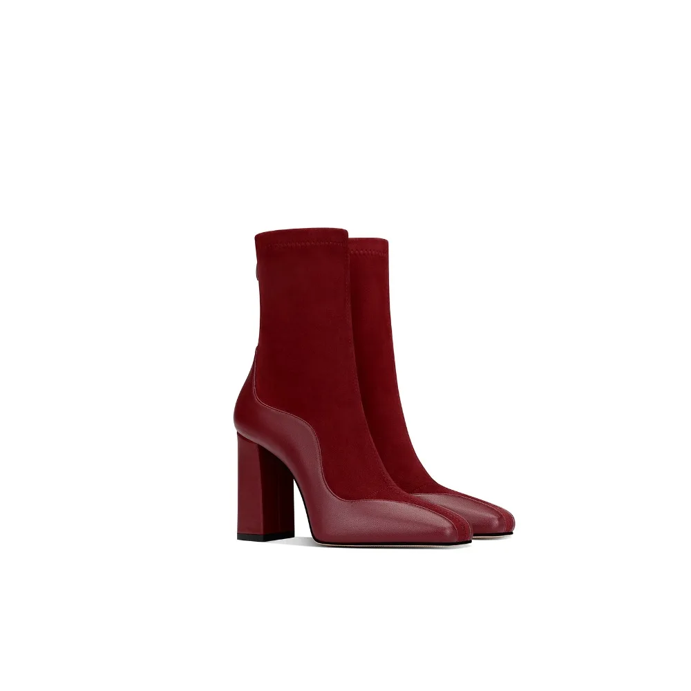 

Wine Red Stretchy Knit Ankle Boots Comfortable Chunky Heel Square Toe Women Shoes 2025 Fall New