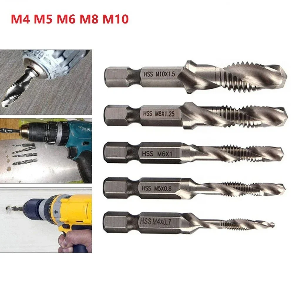 5pcs/set Tap Drill Bit Hex Shank HSS Screw Thread Bit Screw Machine Compound Tap M4 M5 M6 M8 M10 Hand Tools For Woodworking