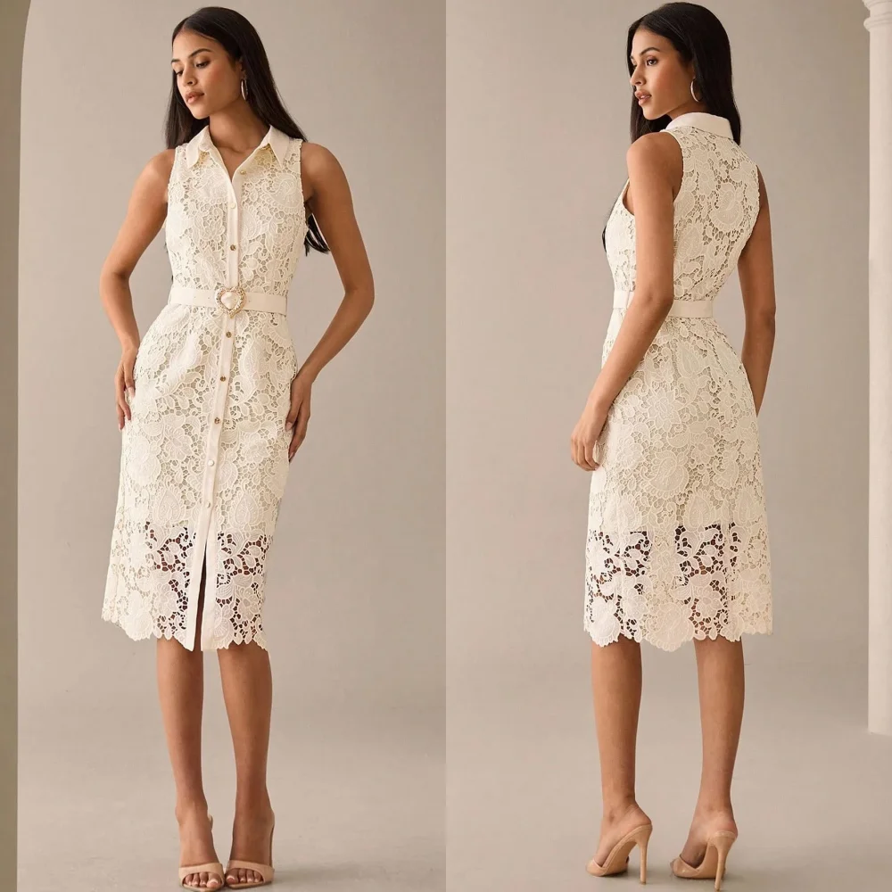 

Customized Simple Elegant Jersey Button Sash A-line V-neck Midi Dresses Bespoke Occasion Chinese Style