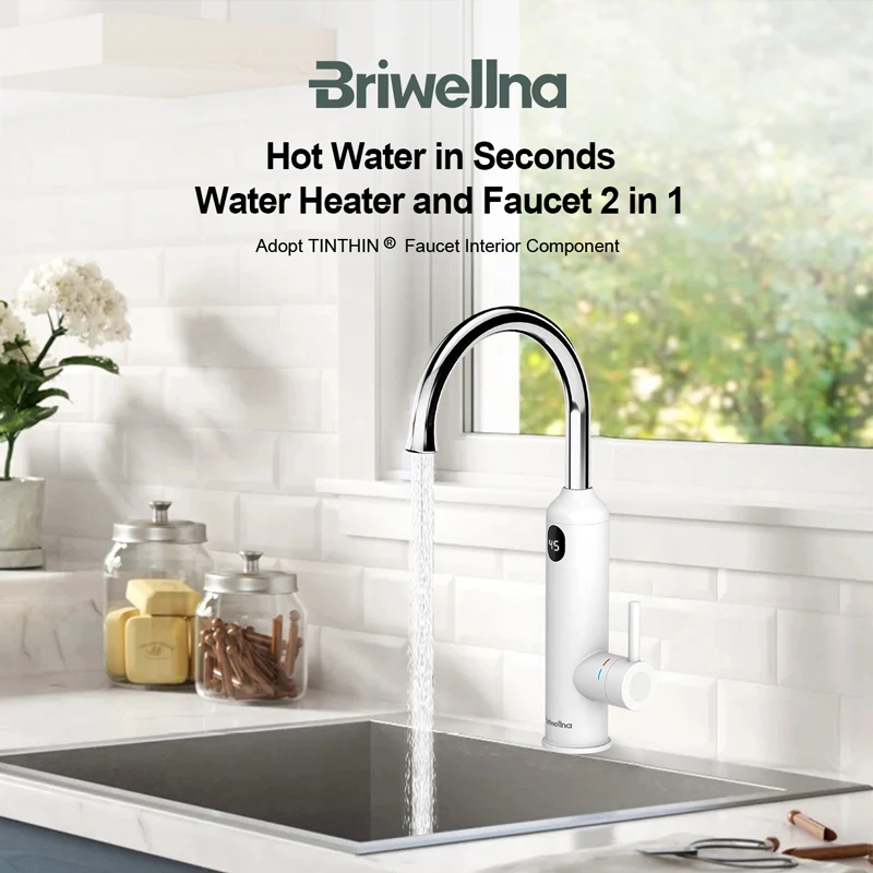 Briwellna 3.2KW Instant Geyser Water Heater Flowing Faucet 360°Swivel Cold and Hot Water Tap Tankless Water Heater Faucet Geyser