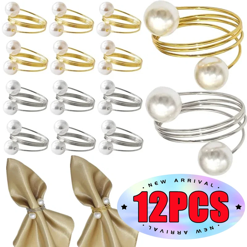 12-2PCS Metal Napkin Ring Imitation Pearls Napkin Buckle Napkin Holders For Wedding Christmas Banquet Home Dining Table Decors