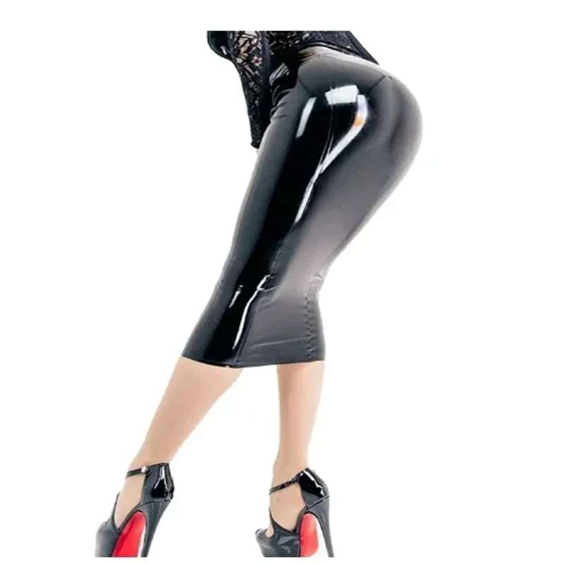 Black Sexy Long Latex Skirts Calf Length Rubber Bottoms Shorts