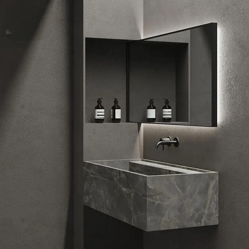 

Wall-Mounted Narrow Rim Sink: Deep Luxury Stone Vanity Basin, Undermount Anti-Splash Bathroom Cabinet with Slab Countertop