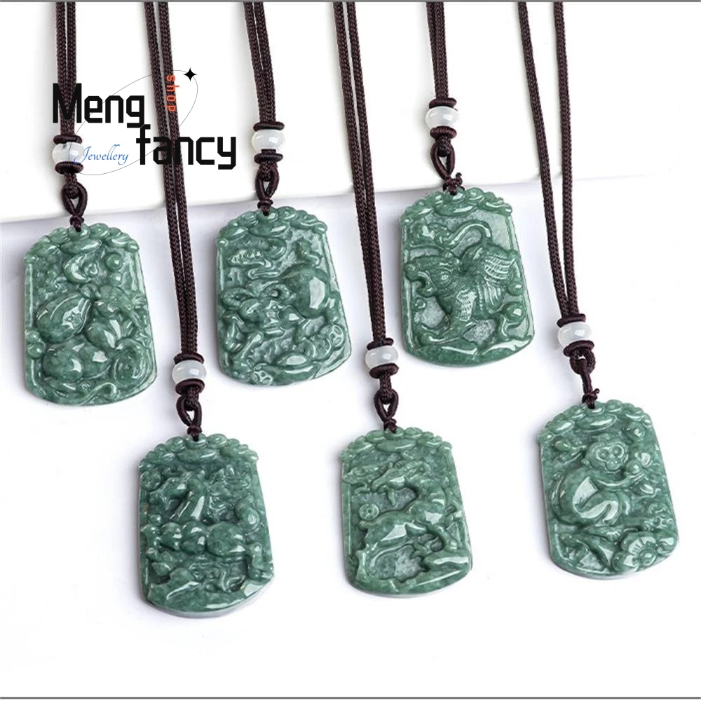 Natural Jadeite Zodiac Pendant Charms Fashion Engraver Fine Jewelry Amulet Mascots Men Women Luxury Couple Souvenir Holiday Gift