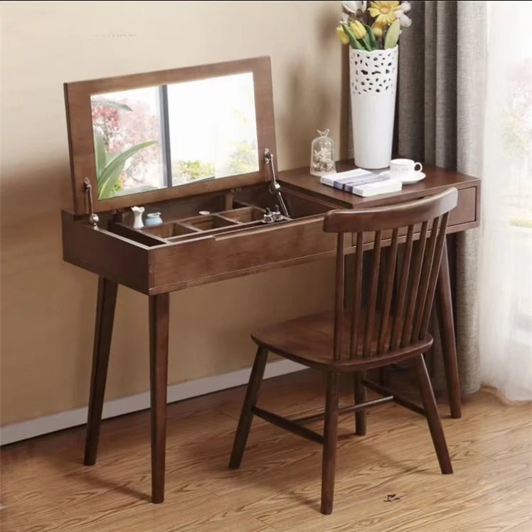 Nordic Flip-Top Solid Oak Wood Eco-Friendly Dressing Table Modern Minimalist Lighted Folding Storage Bedroom Vanity Apartment
