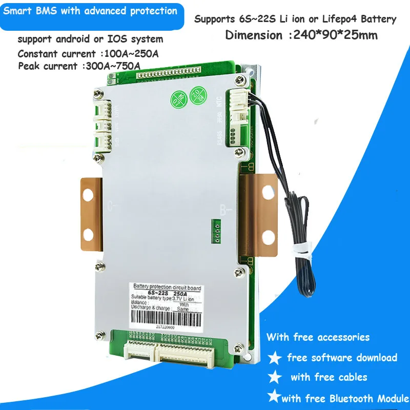 

6S to 22S Li ion or Lifepo4 Smart Bluetooth BMS with 100A or 250A constant current for energy solar storage Battery