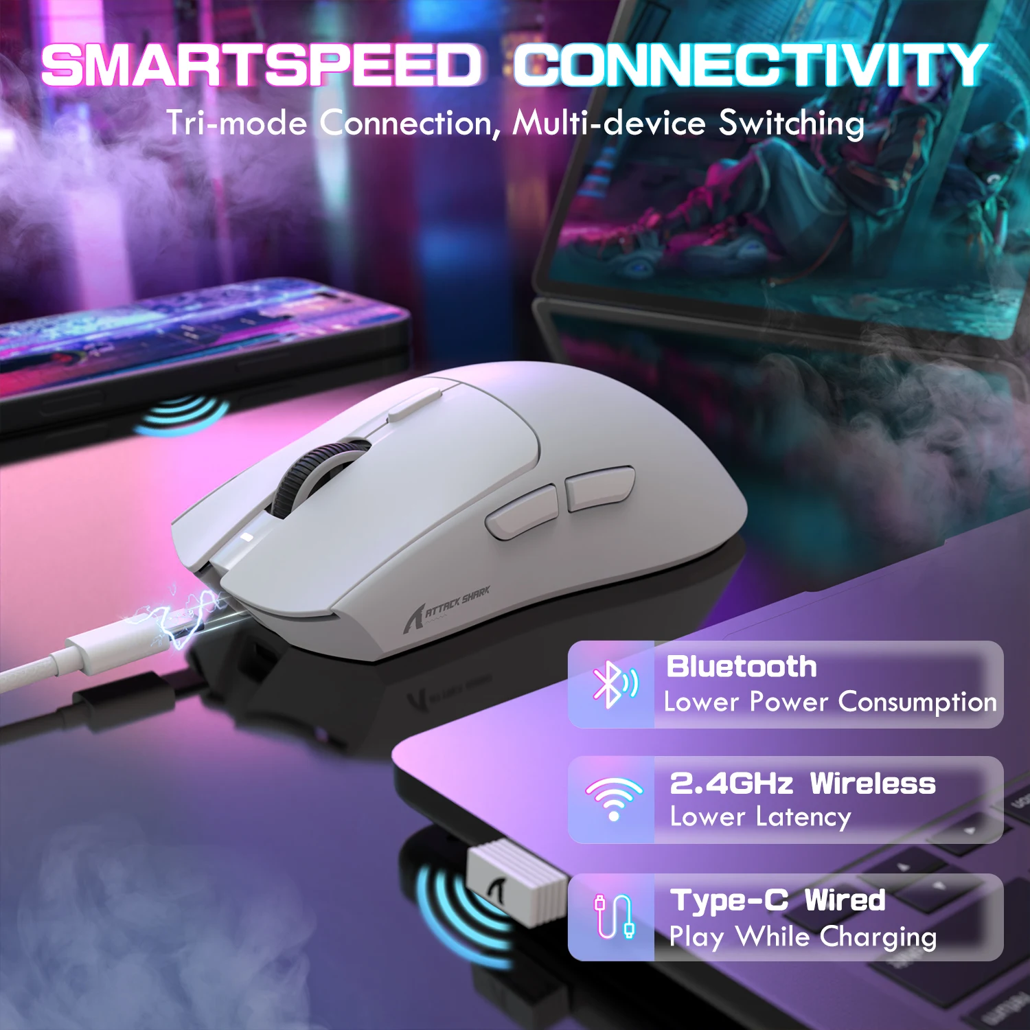 ماوس ألعاب لاسلكي خفيف الوزن من ATTACK SHARK X1 مع قاعدة شحن مغناطيسية RGB، مستشعر PixArt PAW3395 Pro، 40000 نقطة في البوصة للكمبيوتر الشخصي/Mac