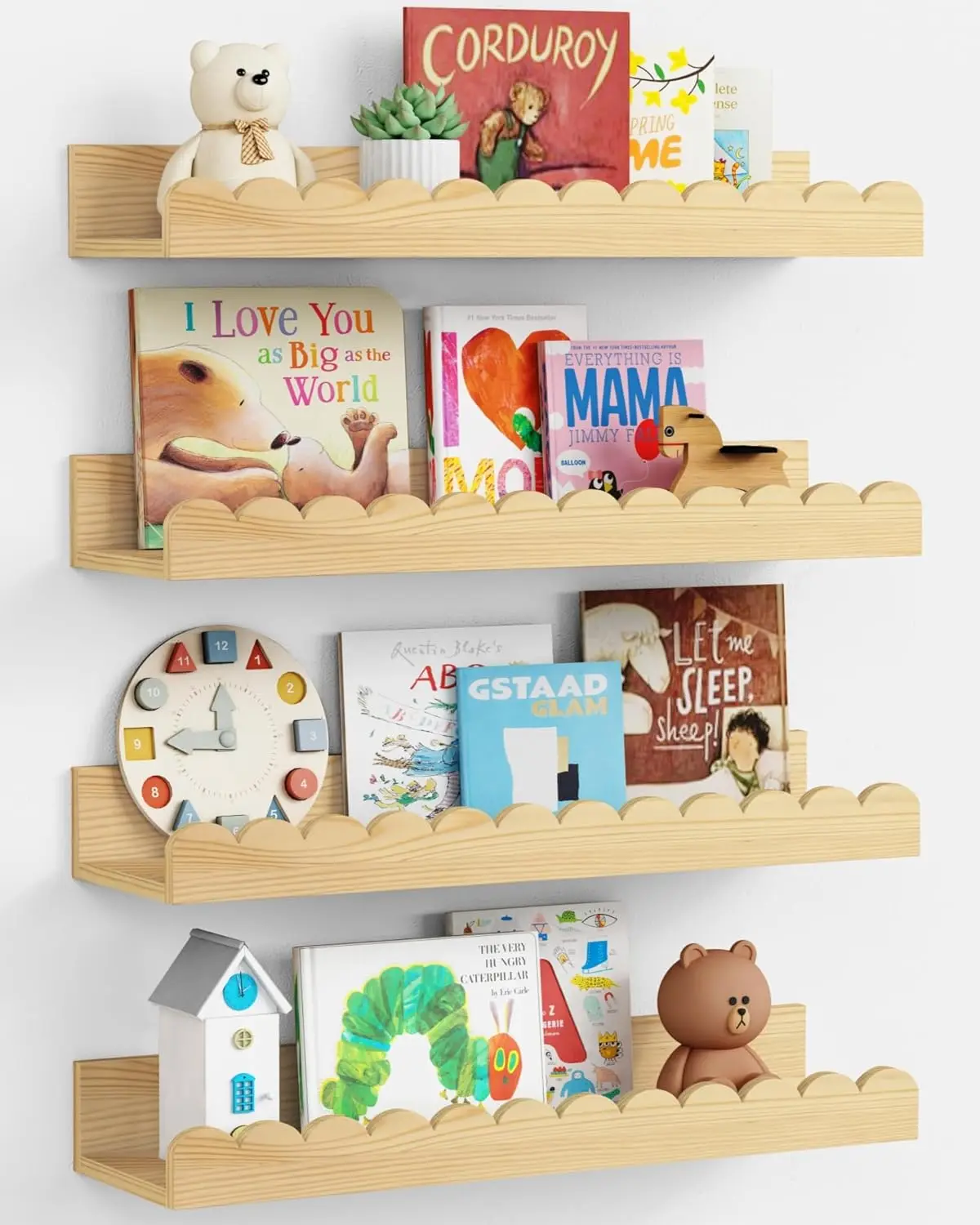 

Scalloped Nursery Bookshelf Wall Mounted 4-Pack, Natural Wood Floating Book Shelves for Wall, Cloud Wall Mount Bookshel