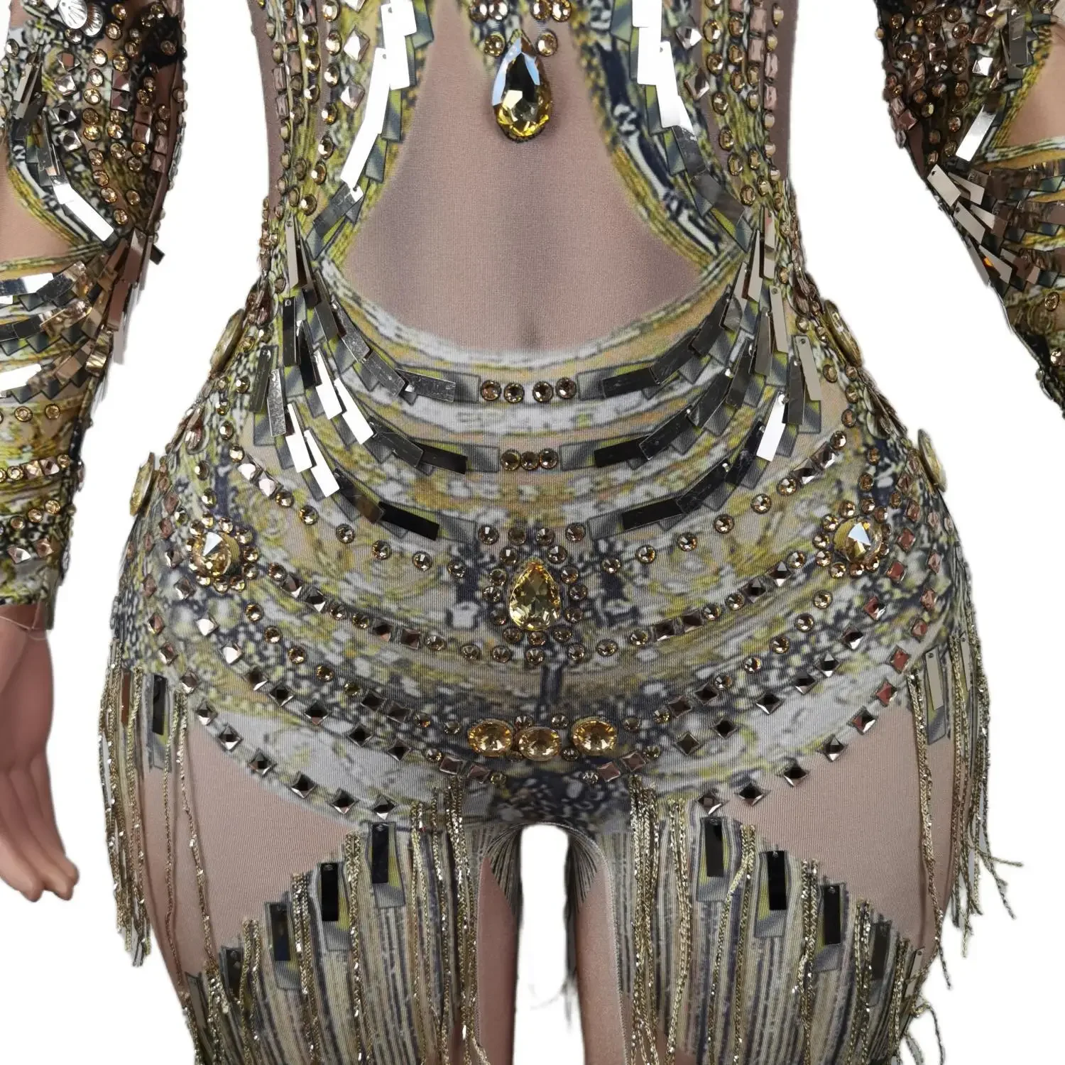 Sexy Sparkly Gold Rhinestones Sequins Jumpsuit Evening Birthday Celebrate Fringes Wedding Prom Party Photography Costume Wanxia