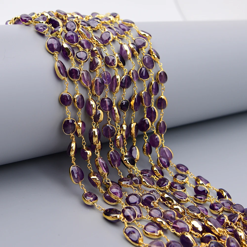 APDGG 1 Meter Natural Purple Amethyst Quartz Loose Beads Gold Edged Chain DIY Jewelry making accessories