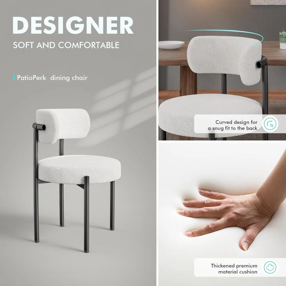 Boucle Dining Chairs Set of 4, White Mid Century Morden Chair with Curved Backrest, Round Upholstered Sherpa with Metal Legs, Su