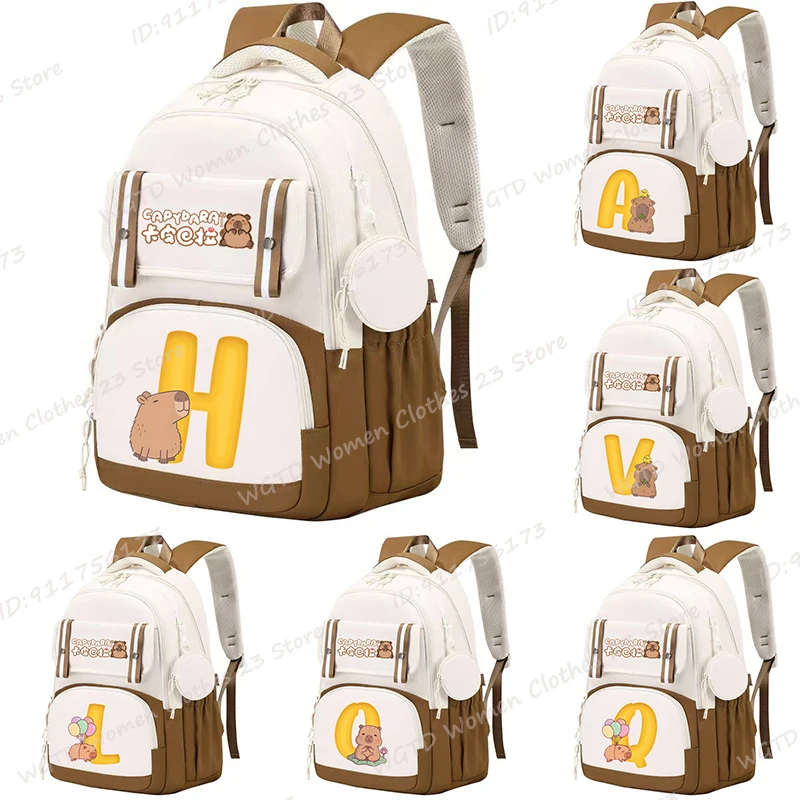 Cute Capybara 26 Alphabet Backpack Women Girls Large Capacity Schoolbags Children Kids Capybara Book Bags Causal Student Bags