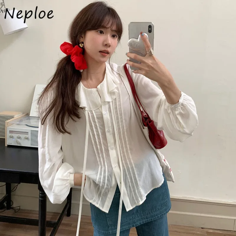 Neploe Vintage French Romantic Lotus Leaf Collar Strap Single breasted Versatile Long Sleeve Shirt Femme 2024 Autumn Sweet Blusa