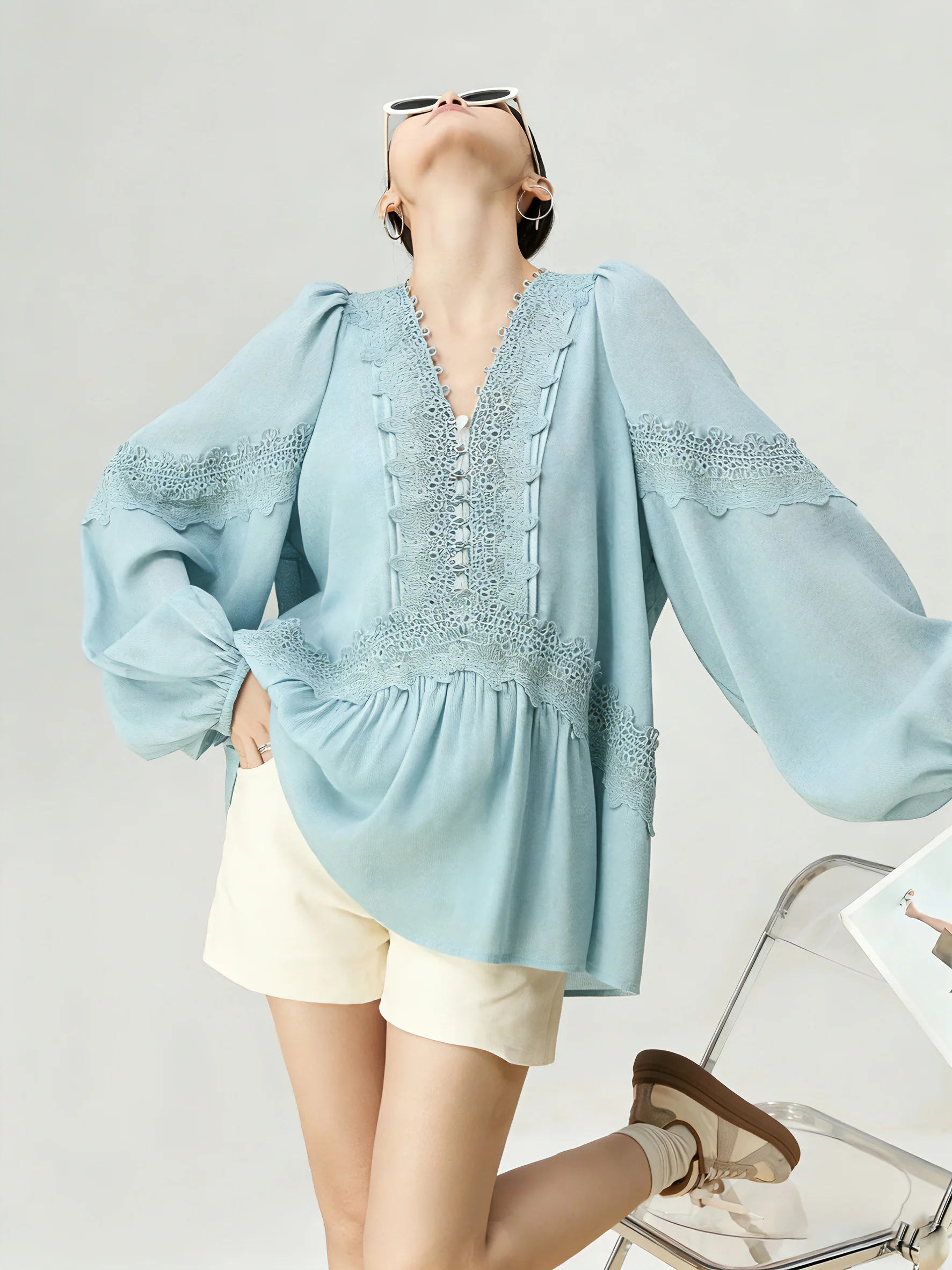 

Blue Lace V-Neck Lantern Sleeve Shirt Women's Style Casual Loose Fit Long Sleeve Summer Top Elegant Fairy Tale Vacation Wear
