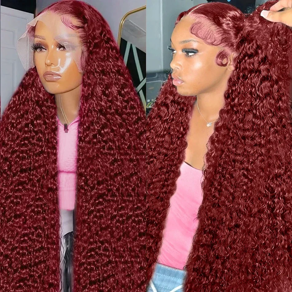 30 40 Inch Curly 99j Burgundy 13x6 Lace Front Human Hair Wigs Brazilian Red Colored Deep Wave Lace Frontal Wigs For Women