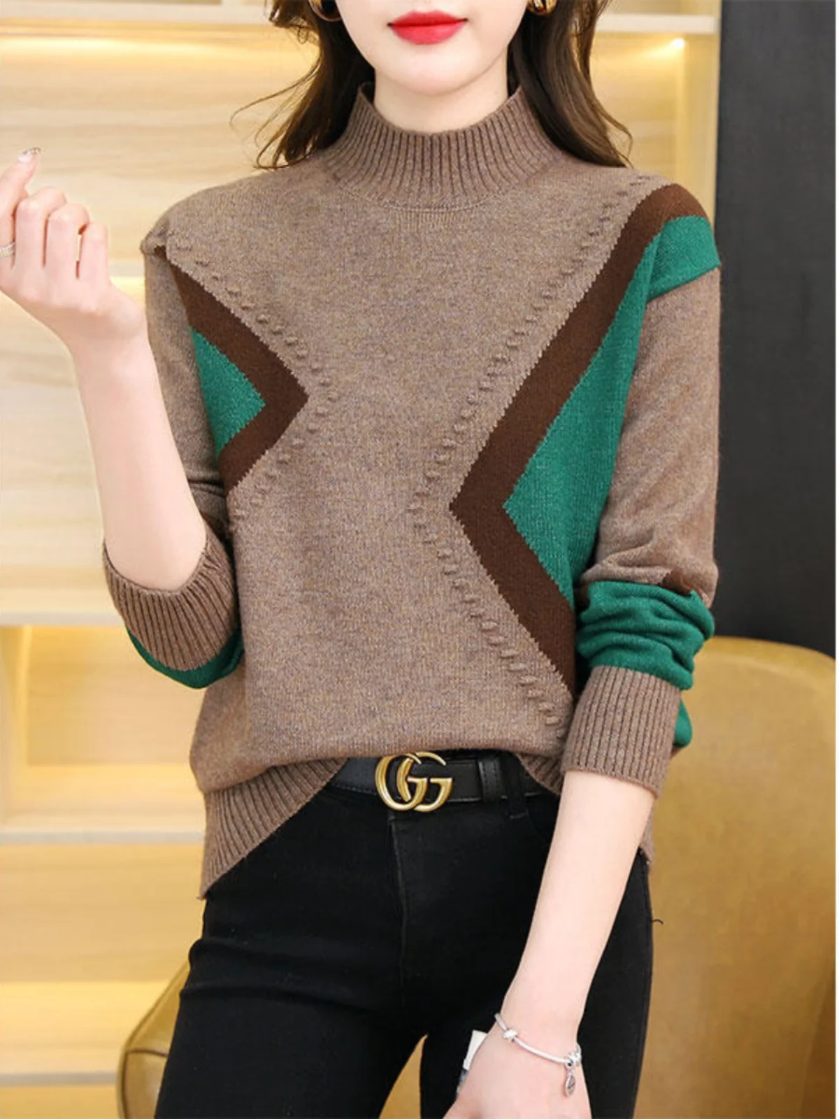 

Женский свитер Erdos: свободный крой, высокий воротник, базовый слой, осенне-зимний, теплый трикотаж, повседневный, для поездок на работу, с длинными рукавами