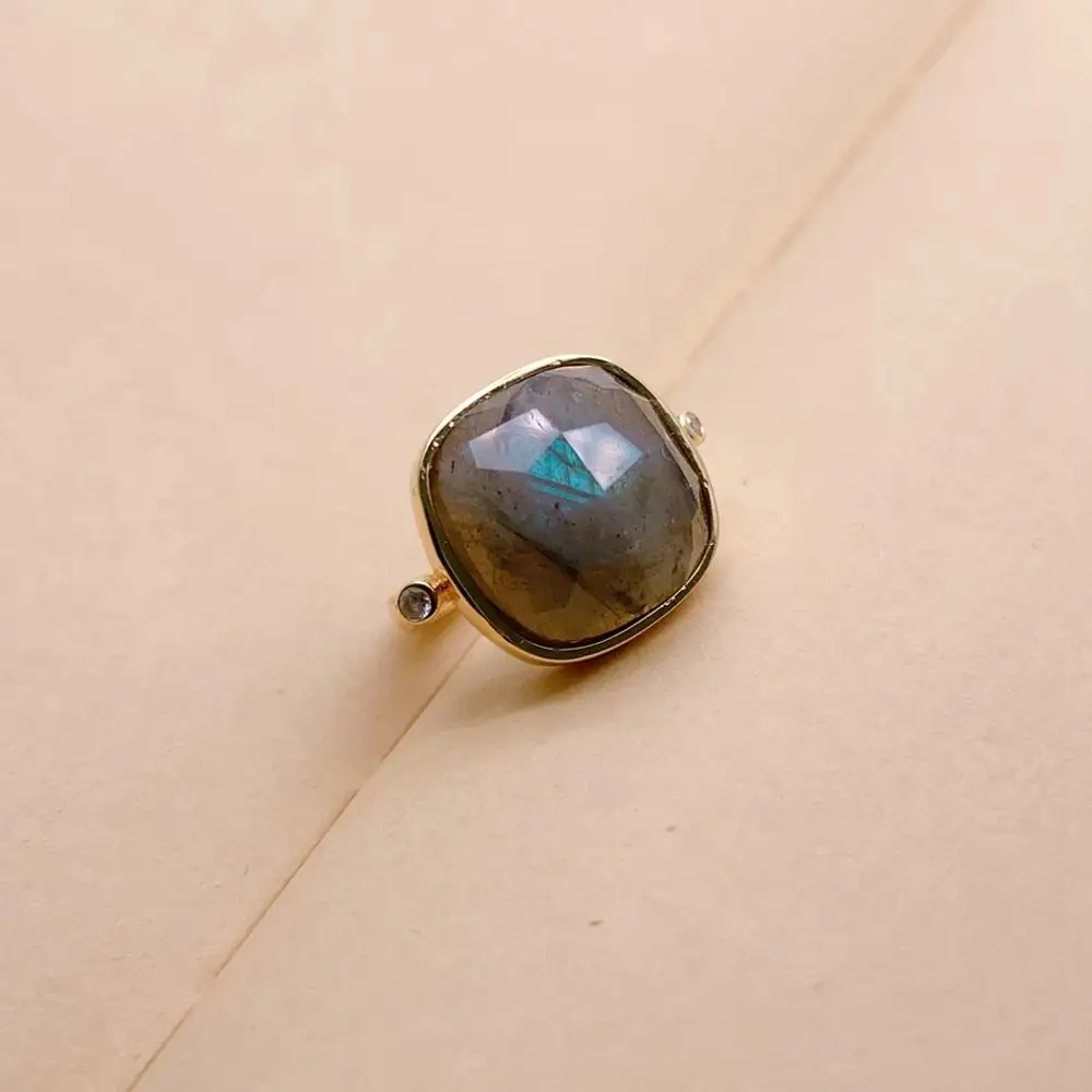 YYGEM 17mm Natural Stone Ring G Labradorite Square Gold Plated Adjustable Ring Women Jewelry Gifts 2