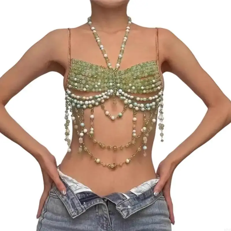 

R7UF Trendy Women's Halter Neck Top Clubbing Outfit Beaded Body Chain Fashionable Crop Tops Statement Necklace Cami