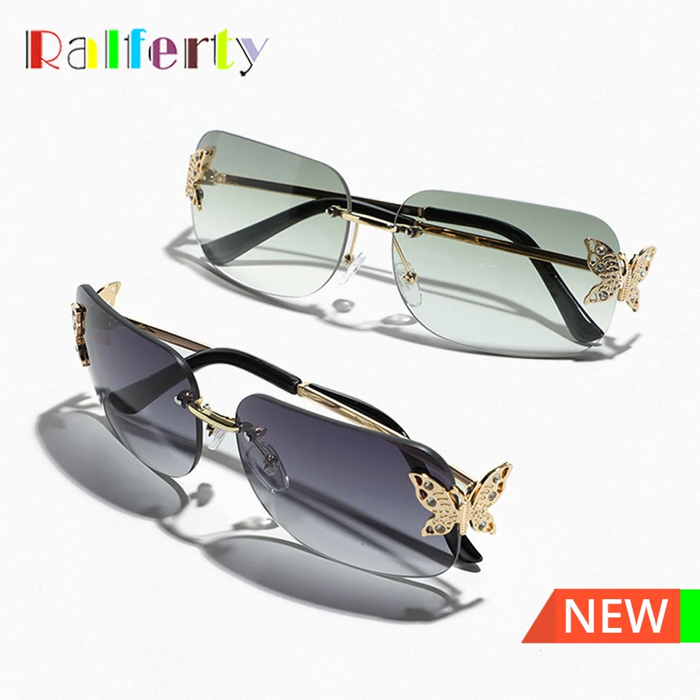 

Ralferty Y2K Butterfly Sunglasses UV Protection Rimless Crystal Sun Glasses For Woman Ladies Gradient Shades Circular Rectangle