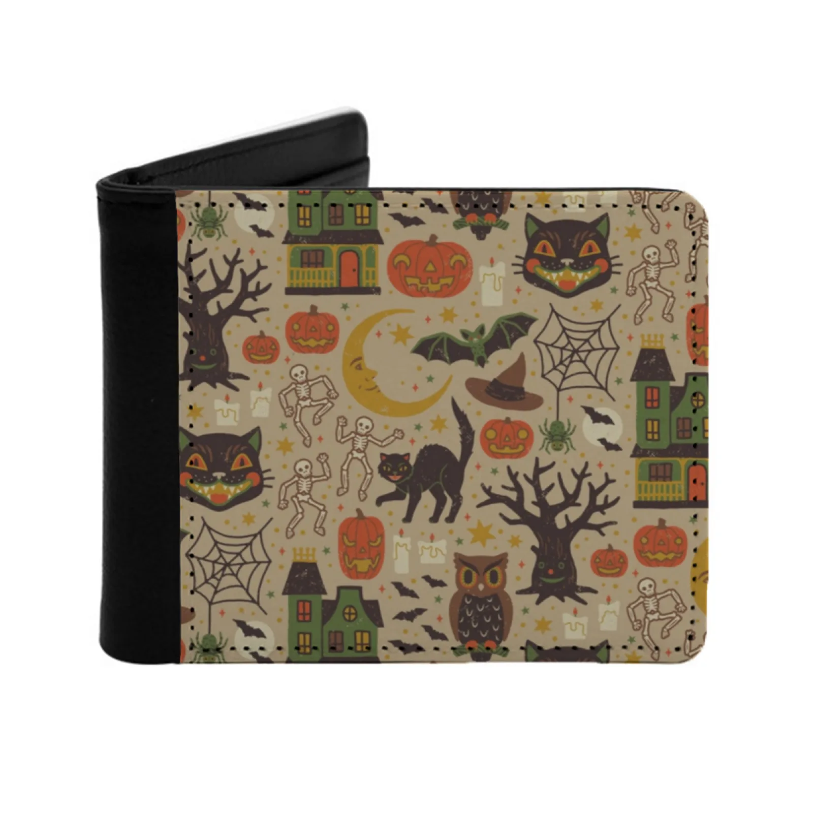 

Vintage Halloween Short Men's Wallet Multifunction Purse Male Pu Leather Wallet Halloween Vintage Black Cat Spooky Witchy