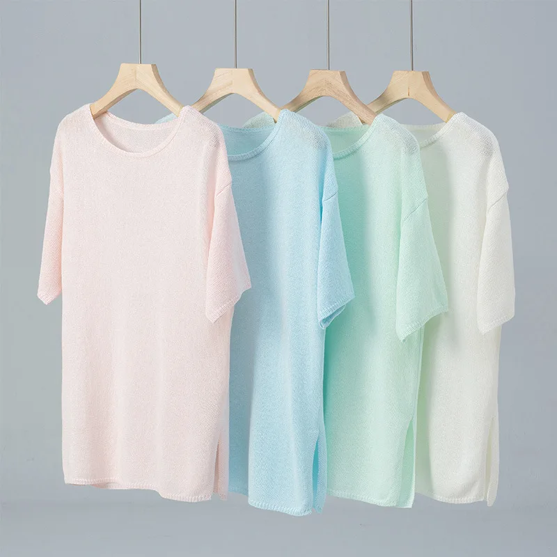 

Korean Simple Short-sleeved Crew Neck and Paper Yarn Knitted Sweater Women's Summer New Loose & Thin Breathable Bottoming Shirt