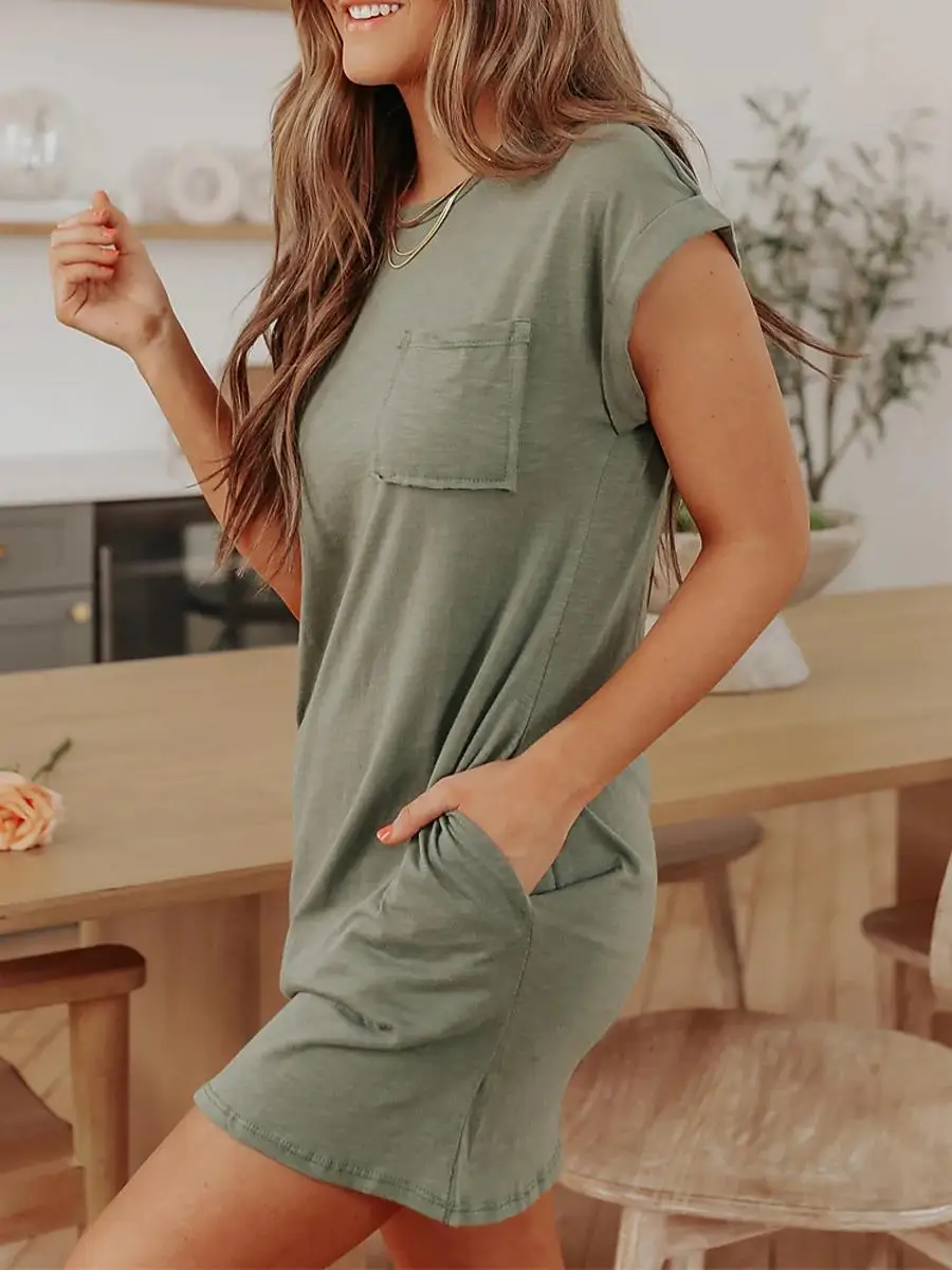 Summer New Fashion Round Neck Short Sleeve Pocket Dress Commuter Loose Casual Women's T-shirt