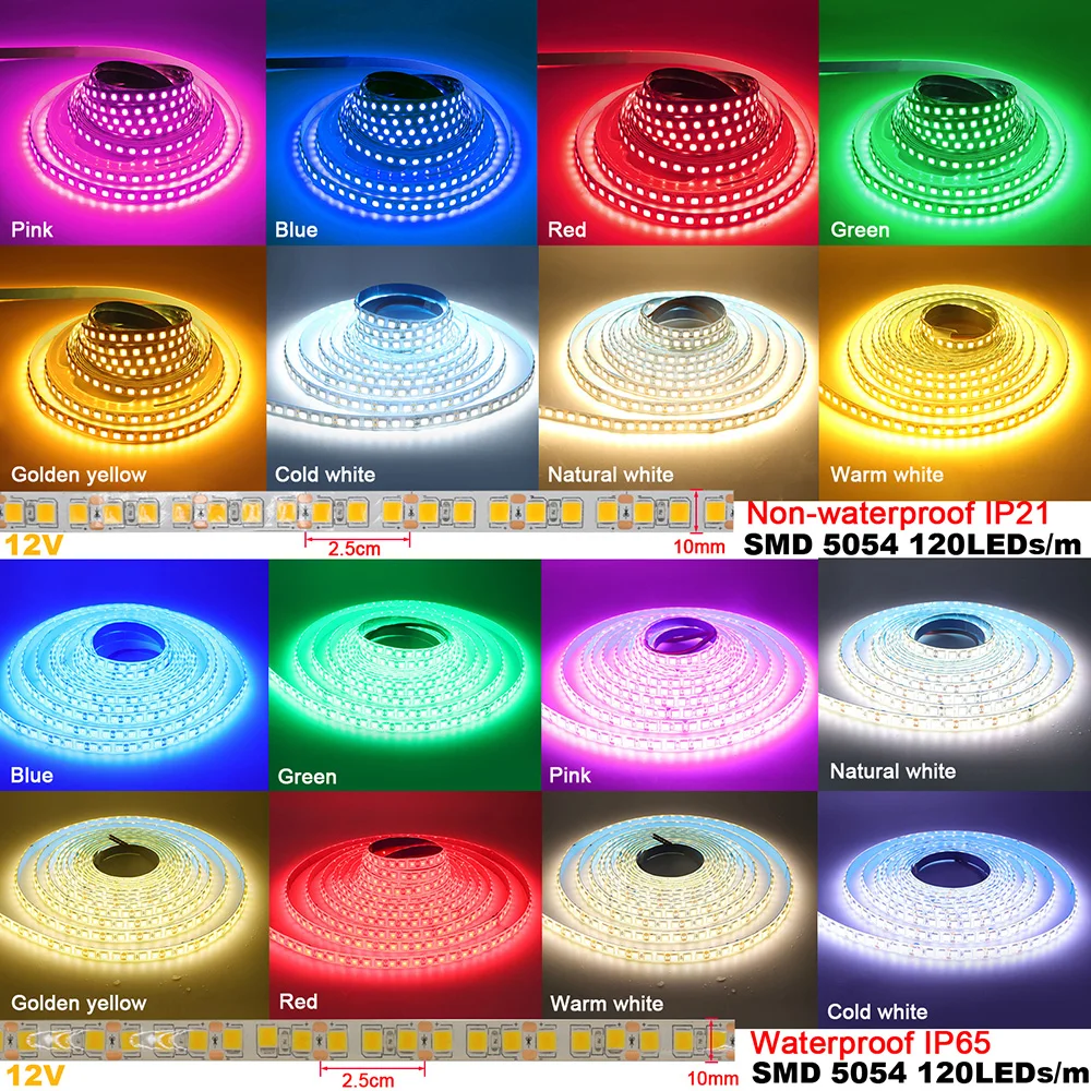 12V 24V 5054 Led Strip Light Flexible Tape LED Ribbon 9 Colors Bright 120LEDs/m Home Lighting Waterproof 5m 10m 15m 20m 30m 50m