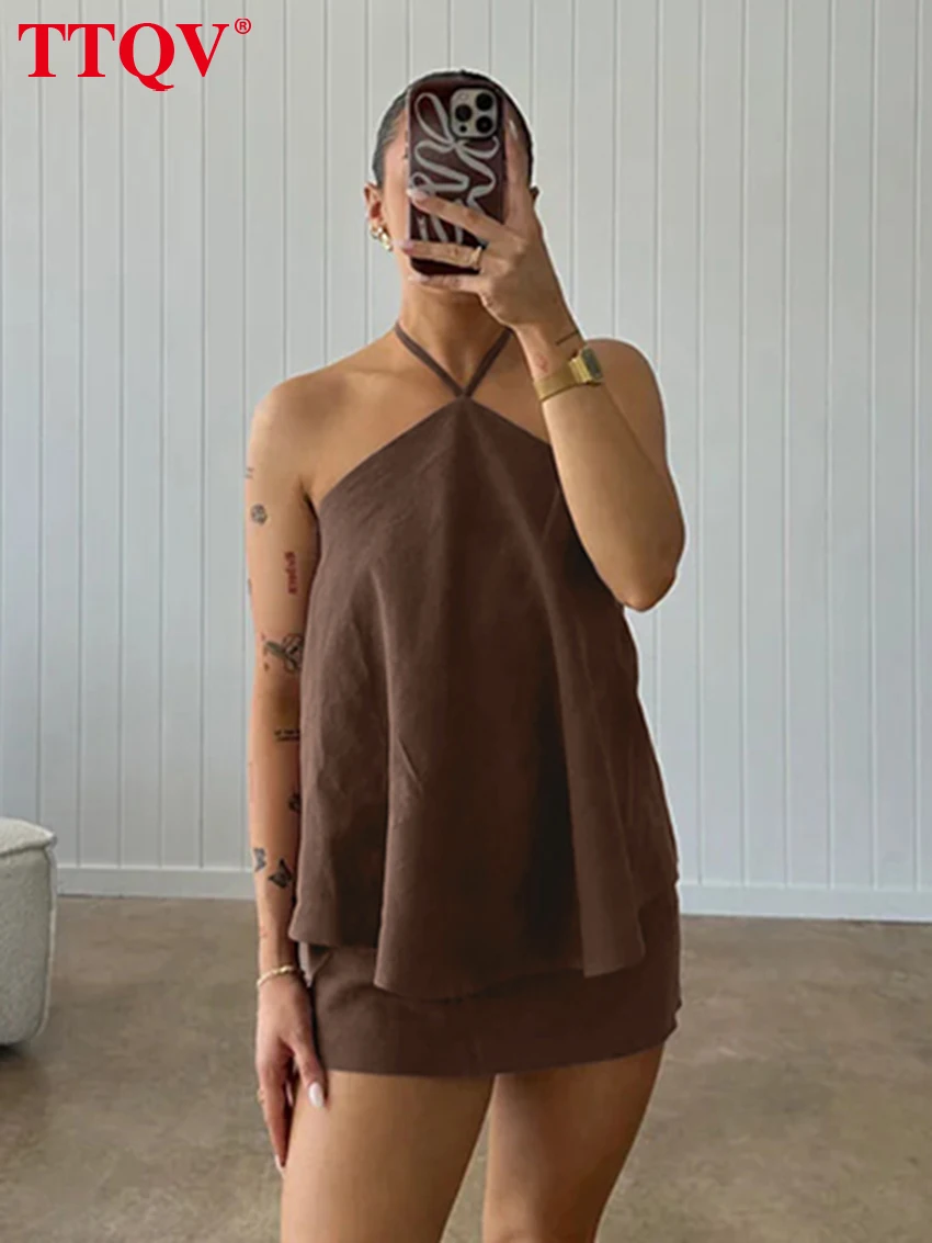 

TTQV Sexy Loose Brown Cotton Skirts Set 2 Piece Woman 2026 Fashion Sleeveless Tank Top With High Waist Mini Skirt Set Female