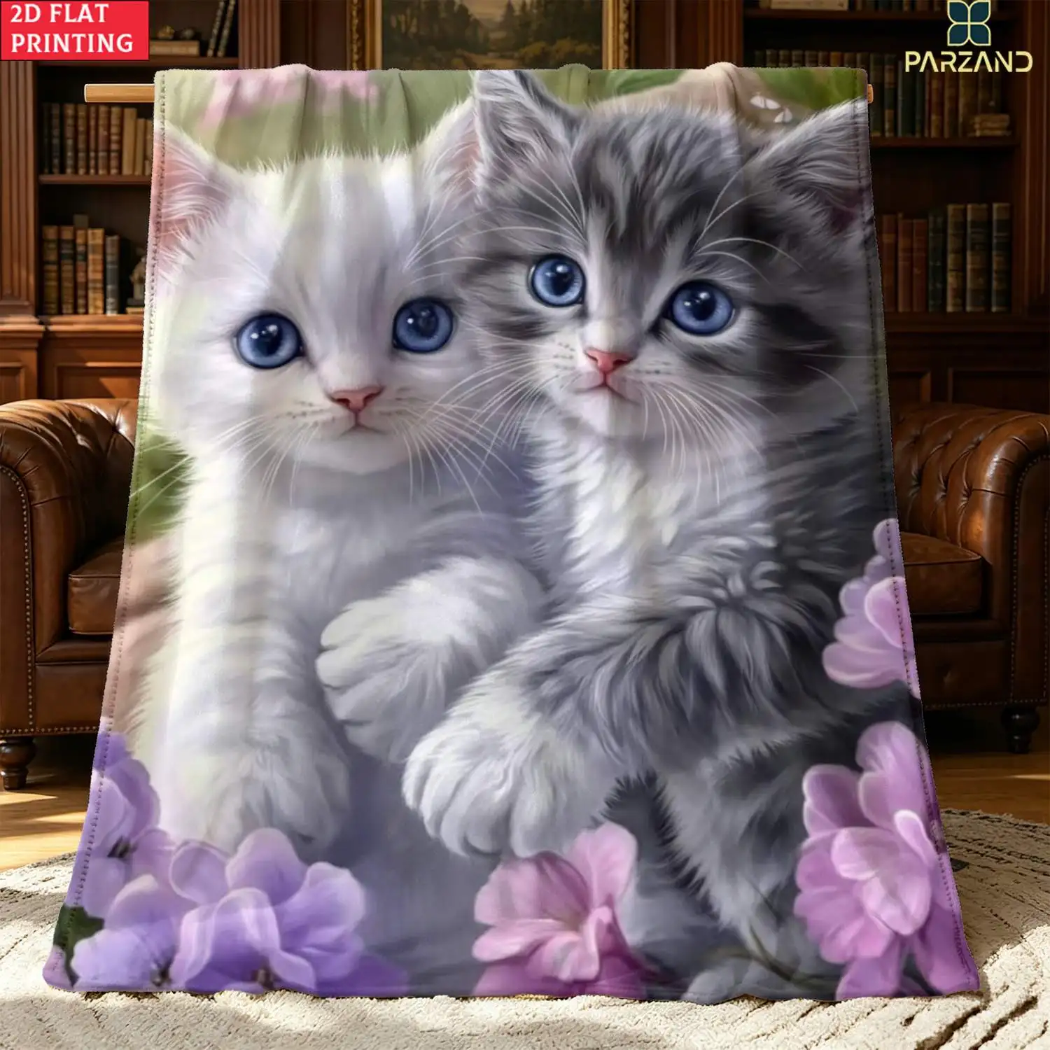 Super Cute Kittens Floral Blanket Plush Throw for Sofa Decor Cozy Pet Lover Gift Lilac Print Watercolor Art Home Textile