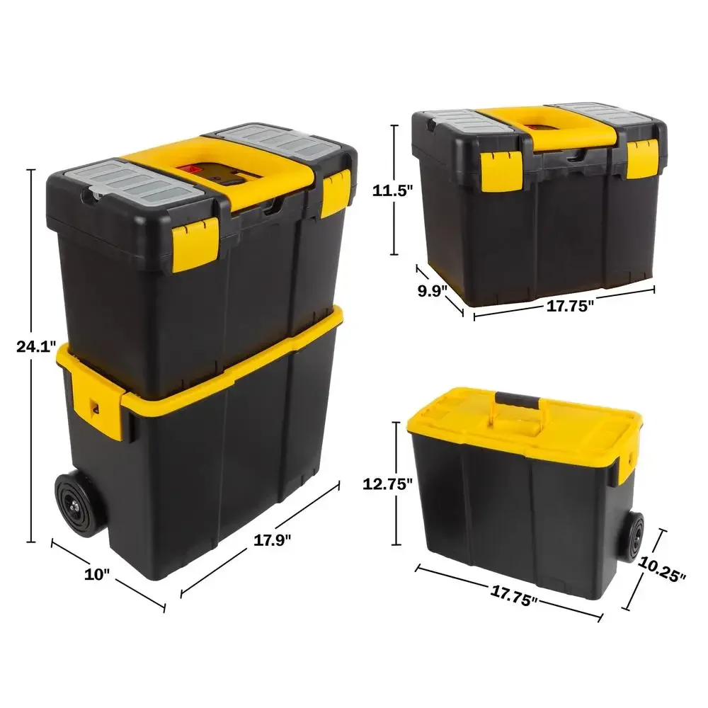 Portable Plastic Toolbox with Wheels & Handle Stackable 2-in-1 Tool Chest Combo Kit Durable Construction Secure Tool Storage &