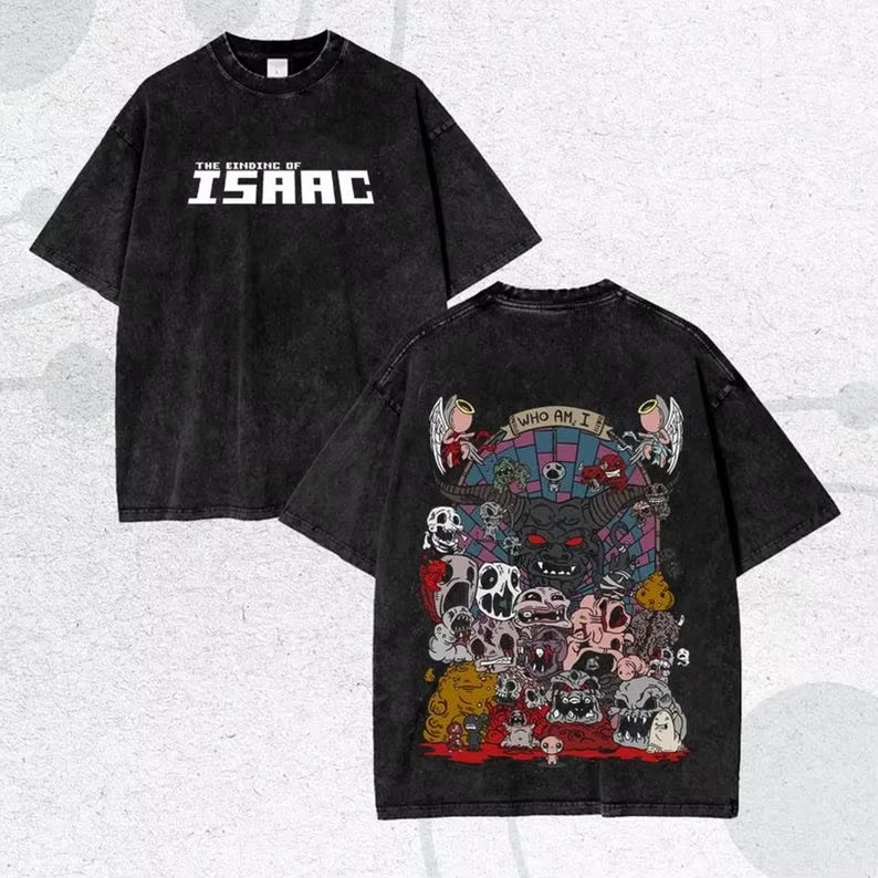 Das T-Shirt „The Binding of Isaac Game Double Print“ ist ein Unisex-Modell im Vintage-Stil, mit kurzen Ärmeln, einer gewaschenen Optik, einem Gothic-Design und einer lässigen, übergroßen Passform, ideal als Streetwear-Oberteil. – Detail 4
