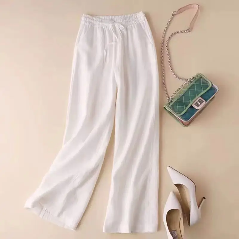 Spring Autumn New Fashion Cotton Hemp High Waist Solid Color Drawstring Women\'s Clothing Loose Korean All-match Wide Leg Trouser