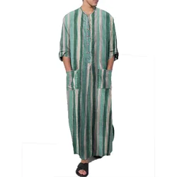 2024 Men's Spring and Summer Muslim Long Sleeve Cotton Striped Robes Summer Islamic Arabian Kaftan Suit Middle East Dubai Abaya