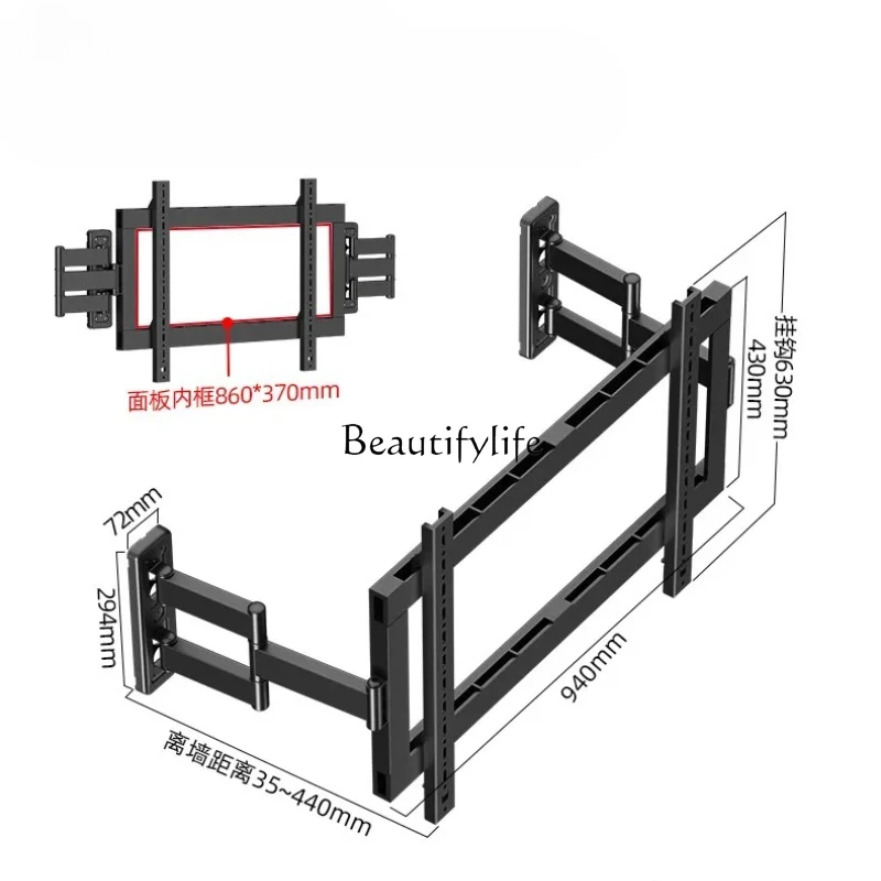The TV is embedded with a telescopic hanger and a split wall panel to avoid the audio and not block the socket bracket.