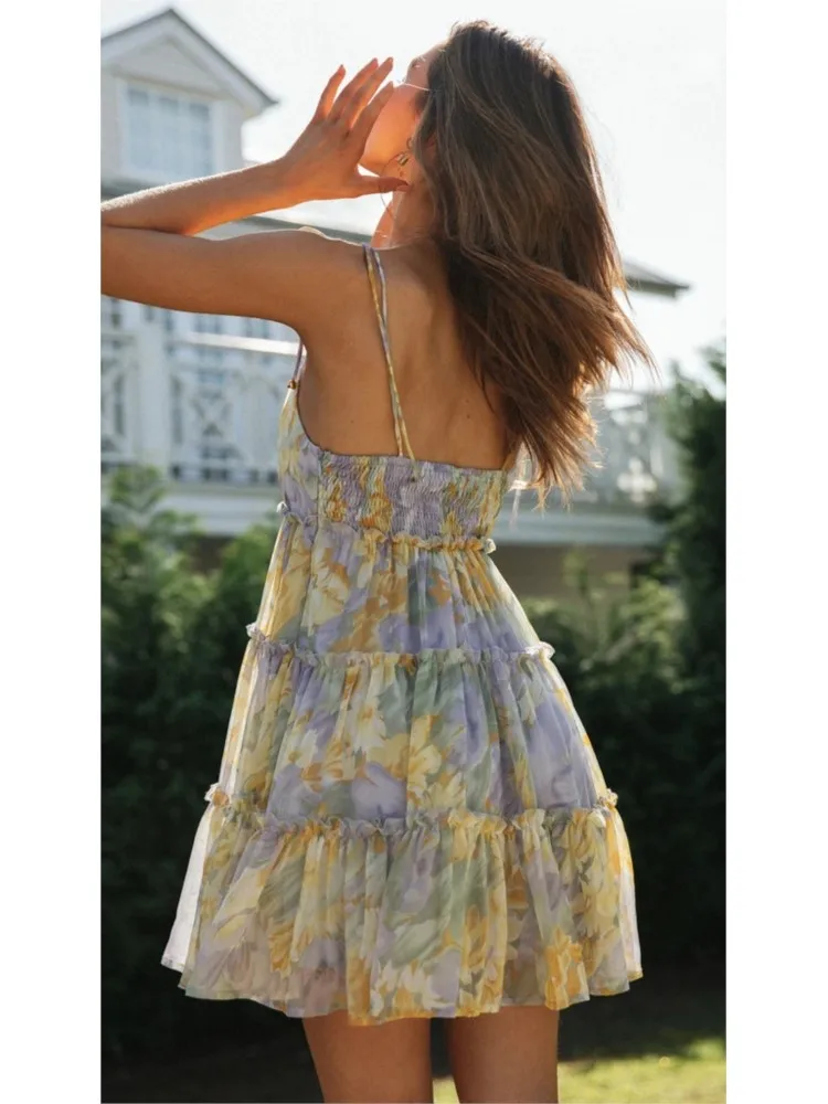 Y2K frauen Mini Kleid Frühling Sommer Neue Resort Stil Sexy Floral Print Strap Eleganz Robe Party Prom Nachtclub Strand Vestidos