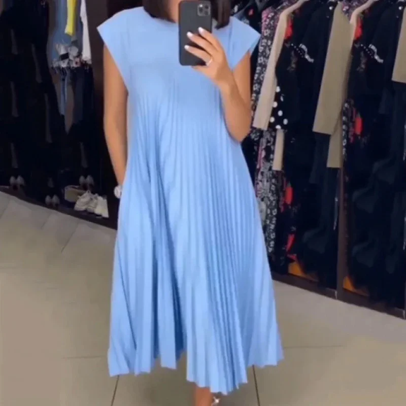 فستان نسائي بجيوب جانبية مزدوجة فستان نسائي صيفي بطيات متينة موضة مريحة كاجوال بأكمام طائرة للشارع