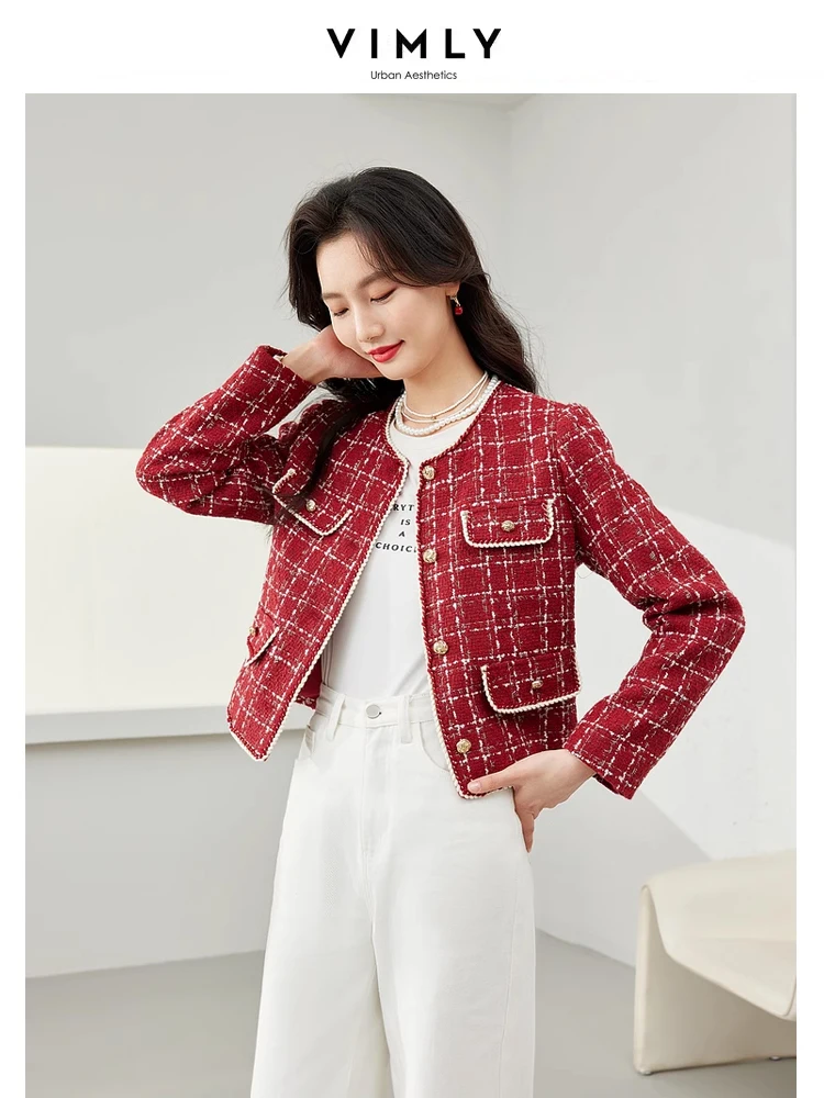 Vimly Red French Style Plaid Elegant Tweed Jacket 2024 Spring O-neck Single Breasted Coat Women Short Female Outerwear M6179